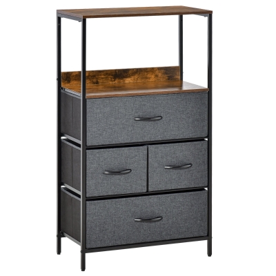 HOMCOM Commode chambre meuble de rangement 4 tiroirs en tissu pliables avec étagères ouvertes et cadre en métal, gris foncé