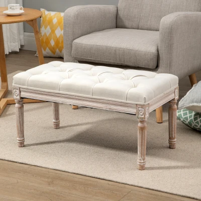 HOMCOM Gestoffeerde zitkruk, gestoffeerde bank, voetenkruk, hout en stofbekleding in linnenlook, 80L x 40B x 43H cm, Crèmewit