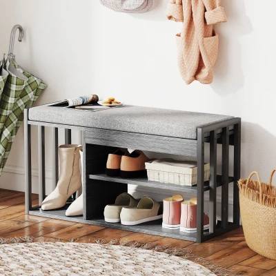 HOMCOM Schoenenrek met schoenenbank, entree rek voor schoenen, schoenenkast met drievoudig ontwerp, voor hal, entree, woonkamer, slaapkamer, Grijs