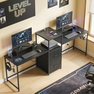 HOMCOM Mesa Gaming Doble de 244 cm con Estación de Carga Puertos USB Soportes para Monitor Cajones de Tela Negro