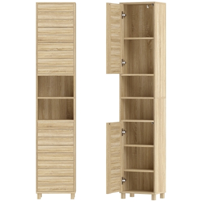 HOMCOM Armario Alto para Baño con Estantes Ajustables Puertas de Lamas Apertura por Presión 34x23x170 cm Natural