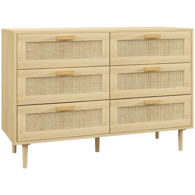 HOMCOM 6-Drawer Chest Rattan Storage Light Wood Finish