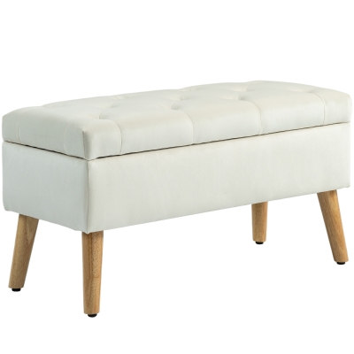 HOMCOM Panca Contenitore in Velluto con Gambe in Legno, Crema