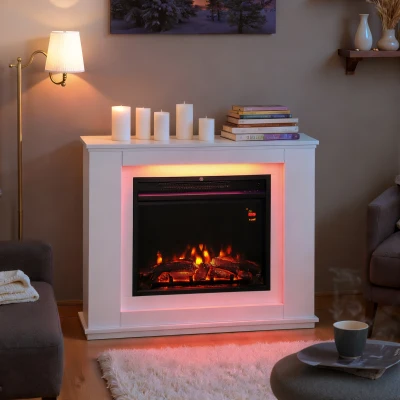HOMCOM Chimenea Eléctrica 1000/2000W con Efecto de Llama de 5 Niveles de Brillo y 12 Colores para 30 ㎡ Blanco