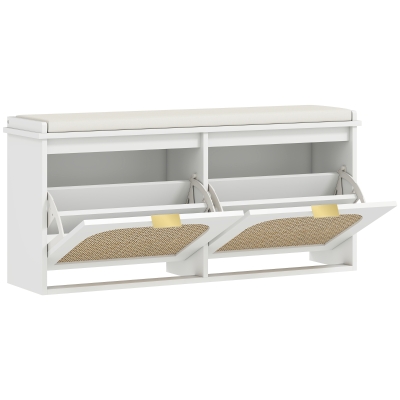 HOMCOM Boho Shoe Bench 2 Flip-Drawers Padded Seat White