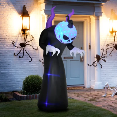 Outsunny spook met pompoenkop, opblaasbaar Halloweendecor met blauw vlammeneffect, 88 x 79 x 210 cm
