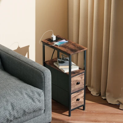 HOMCOM Narrow Bedside Table 2 Drawers with Charging Station