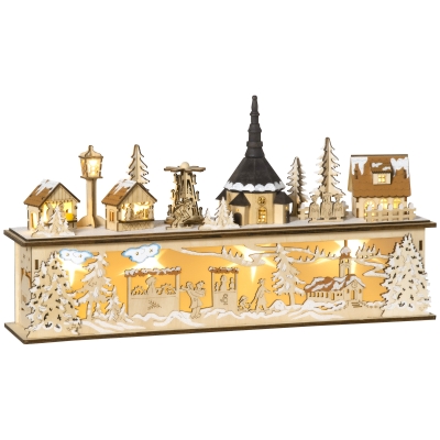 HOMCOM kerstdecoratie, besneeuwd kerstdorp, 10 LED's, warm wit licht, hout, 45 x 10 x 25 cm