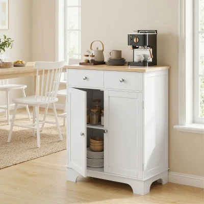 HOMCOM Sideboard, Tischplatte aus Kautschukholz, 2 Schubladen, versetzbarer Einlegeboden, weiß, 68 x 40,3 x 85cm