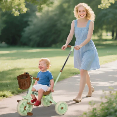 AIYAPLAY Triciclo para Bebés 2 em 1 Triciclo Evolutivo para Crianças com Barra Parental Ajustável Apoio para Pés Rebatível e Cesto 93,5x47x96 cm Verde