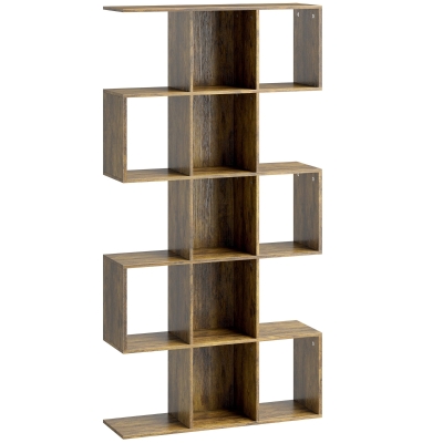 HOMCOM 5-Tier S-Shaped Bookcase 15 Compartments Rustic Brown