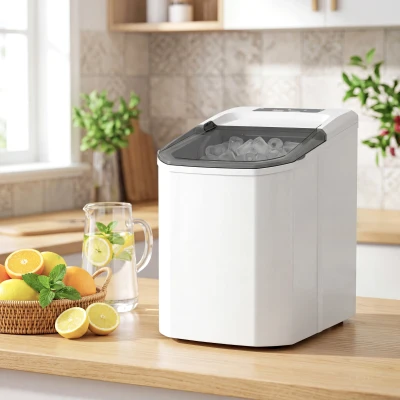 HOMCOM Máquina de Hielo Autolimpiable 12 kg/24H 9 Cubitos Listos en 7 Minutos 2 Tamaños de Hielo 1,5L Depósito Blanco