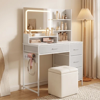 HOMCOM Coiffeuse Blanche Miroir LED 4 Tiroirs 5 Étagères