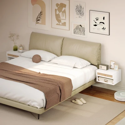 HOMCOM Juego de Mesitas de Noche Flotantes con Cajón de Ratán y Estante Abierto para Dormitorio 40x34x23cm Blanco
