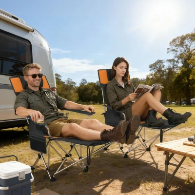 Outsunny Set van 2 opvouwbare campingstoelen hengelstoel met afneembare voetensteun, bekerhouder, draagbaar 120 kg Oranje