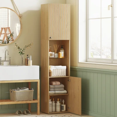 HOMCOM Armario de Baño Alto de 6 Niveles con 2 Puertas Estante de Vidrio Templado Estantes Ajustables 40x31x182 cm Roble