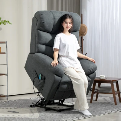 HOMCOM Sta-opstoel, elektrische ligstoel met massagefunctie, gestoffeerde stoel met opsta-functie, metaal, stof, grijs