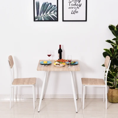 HOMCOM 3-delige eetset zitgroep eettafelset houten tafel MDF + metaal natuurlijke houtnerf + wit met 1 tafel + 2 stoelen | Aosom.de