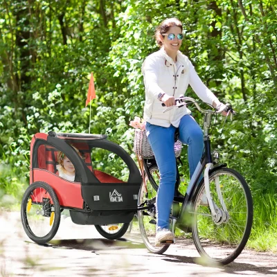 HOMCOM Reboque de Bicicleta para Crianças acima de 18 Meses Reboque de Bicicleta com 2 Lugares com Cinto de Segurança Espaço de Armazenamento e Sistema de Amortecimento 140x88x90 cm Vermelho