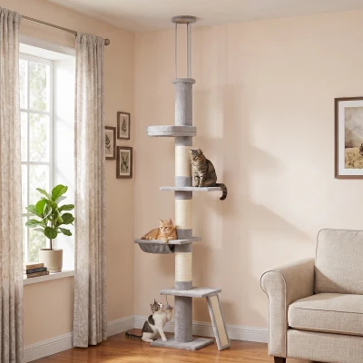PawHut Arbre à Chat 230-260cm Hamac Griffoirs Peluche Gris Clair