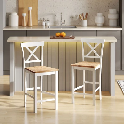 HOMCOM 2-delige Set Barstoelen met Rugleuning en Voetsteun, Rubberwood, voor Keuken, Eetkamer, Bar, Eiken + Wit