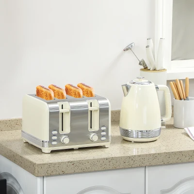 HOMCOM Waterkoker en Toaster Set, 1,7 L, 2200W, Strix Thermostaat, Filter, 4-Slice Toaster, 7 Instellingen voor Bruining, Kruimellade