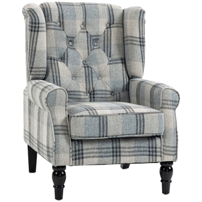 HOMCOM Wingback Armchair Faux Linen Wood Legs Plaid