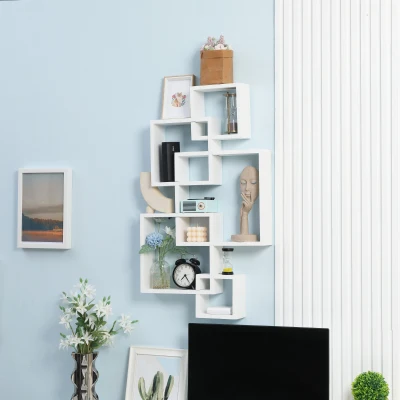 HOMCOM wandplank wandplank 5 in elkaar grijpende kubussen 9 vakken dennenhout wit