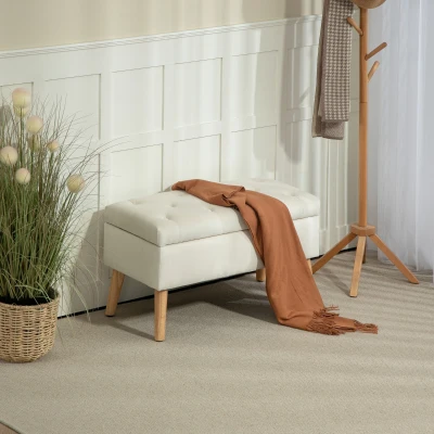 HOMCOM Panca Contenitore in Velluto con Gambe in Legno, Crema