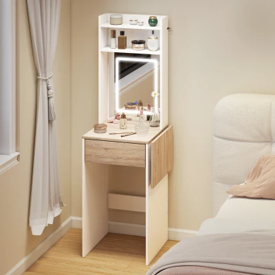 HOMCOM Vanity Desk with Mirror LED Lights Drawer White