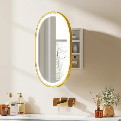 HOMCOM Armario de Baño con Espejo y Luces LED de 3 Colores Armario de Pared Ovalado con Función Memoria y Antivaho Dorado