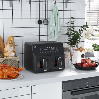 HOMCOM 8L Family Size Air Fryer Oven with Dual Baskets, Digital Air Fryer with 8 Presets, Recipe Cookbook, 60-Minute Timer for Oil Free & Low Fat Healthy Cooking, 2500W, Black