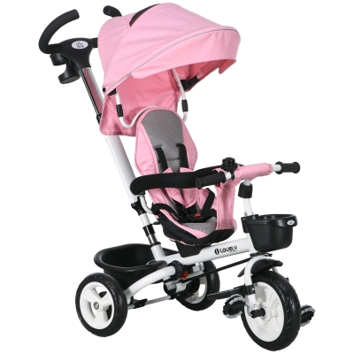 HOMCOM 6-in-1 Kinder Driewieler met Duwstang, Dak, Gordel, Opbergmand, 18+ Maanden, Roze