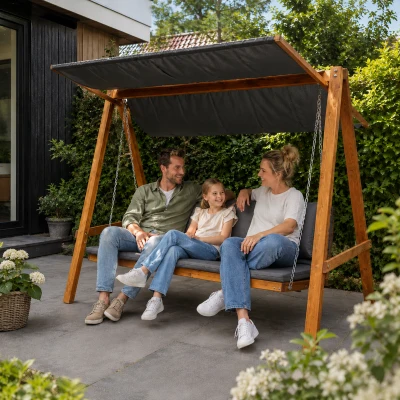 Outsunny hangmatschommel met bedfunctie 3-zits tuinschommel met dak ligbed tuinbank Lariks hout polyester grijs + teak 225.5 x 113 x 180 cm
