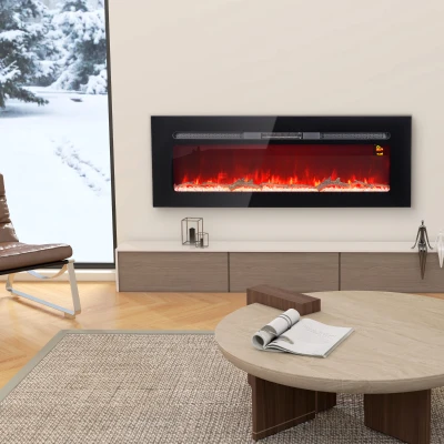 HOMCOM Elektrische Haard met Wandmontage en Afstandsbediening, Kunstmatige Houtblokken en Kristallen, 1800W Vermogen, Zwart