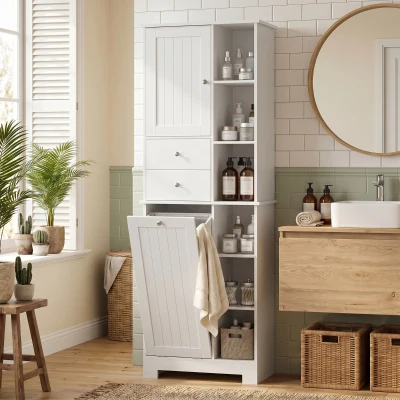 HOMCOM Badkamerkast 171 cm hoog, smalle kast met uitschuifbare wasmand en 2 lades, wit