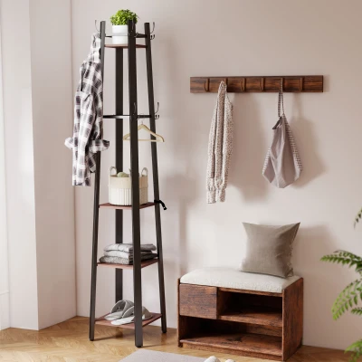 HOMCOM Kapstok met 4 niveaus, vrijstaande kledingrek, 8 haken, 4 planken, Industriële stijl, Metaal, Spaanplaat, Bruin
