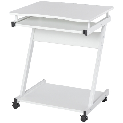 HOMCOM Mesa de Computador com Rodas 60x48 cm com Gaveta Deslizante para Teclado e Prateleira Inferior Estrutura Metálica Branca