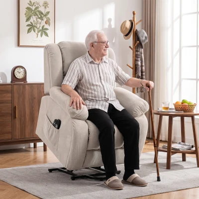 HOMCOM Fernsehsessel mit Massage- und Wärmefunktion, Elektrischer Aufsteh-Sessel, Fernbedienung, Seitentaschen, Beige