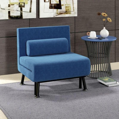 HOMCOM Sofá Cama Individual Plegable con Respaldo Ajustable de 5 Niveles Cojín y Tapizado de Lino Sintético 75x70x75 cm Azul