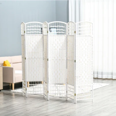 HOMCOM Paravent 6 Panneaux Bois Peuplier Blanc Paille