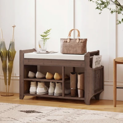 HOMCOM Shoe Bench 2-Tier Storage Cushioned Seat 100x30x50cm Brown Cream