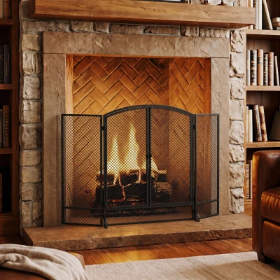 HOMCOM Pare-feu Cheminée Métal Moderne 3 Panneaux 2 Portes Noir