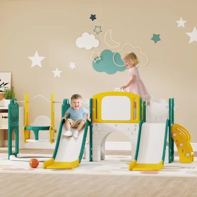 AIYAPLAY 9-in-1 Glij- en Schommelset voor peuters, met basketbalring, telescoop, tekenbord, kikkerontwerp, Geel+Groen