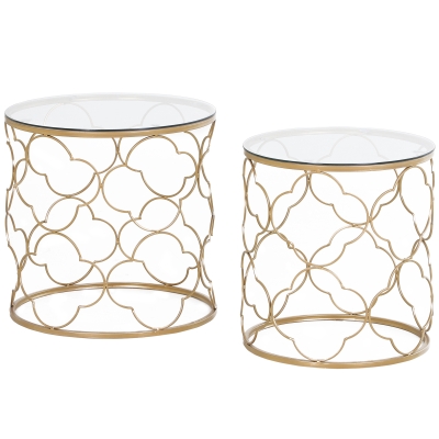 HOMCOM Nesting Tables Set of 2 Glass Top Metal Gold