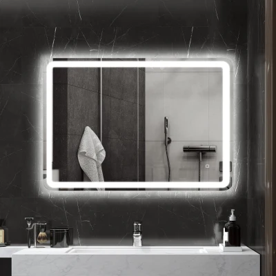 HOMCOM Verlichte badkamerspiegel met touchbediening, anti-condens, dimbaar, 3 lichtkleuren, 70 x 100 cm, zilver