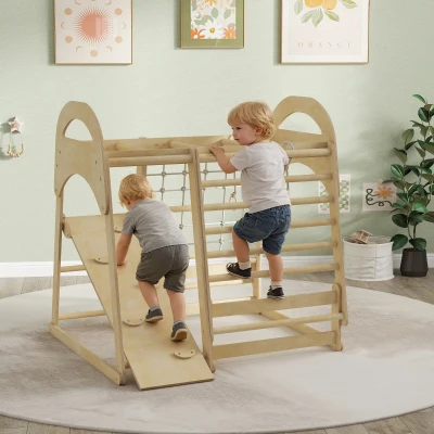 AIYAPLAY Binnen-klimrek, 6-in-1 ontwerp, glijbaan, klimstangen, klimwand, ladder, klimnet, 3-6 jaar, hout