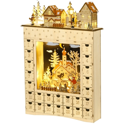 HOMCOM Adventskalender om te vullen 24 lades vakjes kerstkalender met LED-lichtjes natuurhout 36 x 9 x 52 cm