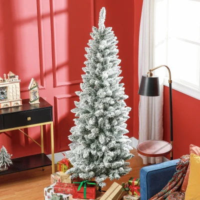 HOMCOM Kunstkerstboom, Slanke Vorm, Kunstmatige Sneeuw, Driedelig, Vlamvertragend, Metalen Voet, 180 cm, Groen