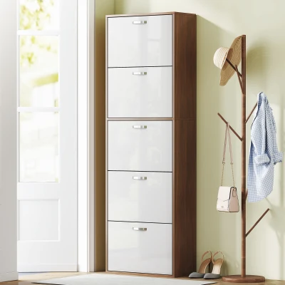 HOMCOM Armoire à Chaussures Meuble à Chaussures 5 Portes abattantes Bicolore Blanc Marron foncé Imitation Bois